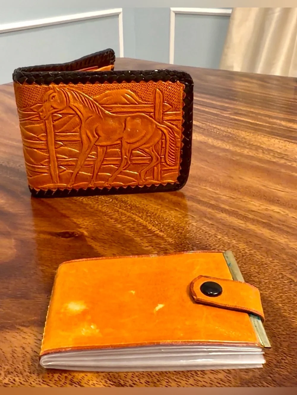 Handcrafted Tooled Brown Leather Wallet & Cardholder Set - Western Horse Design